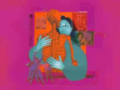 A woman embraces a skeleton, set against a pink background.