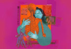 A woman embraces a skeleton, set against a pink background.