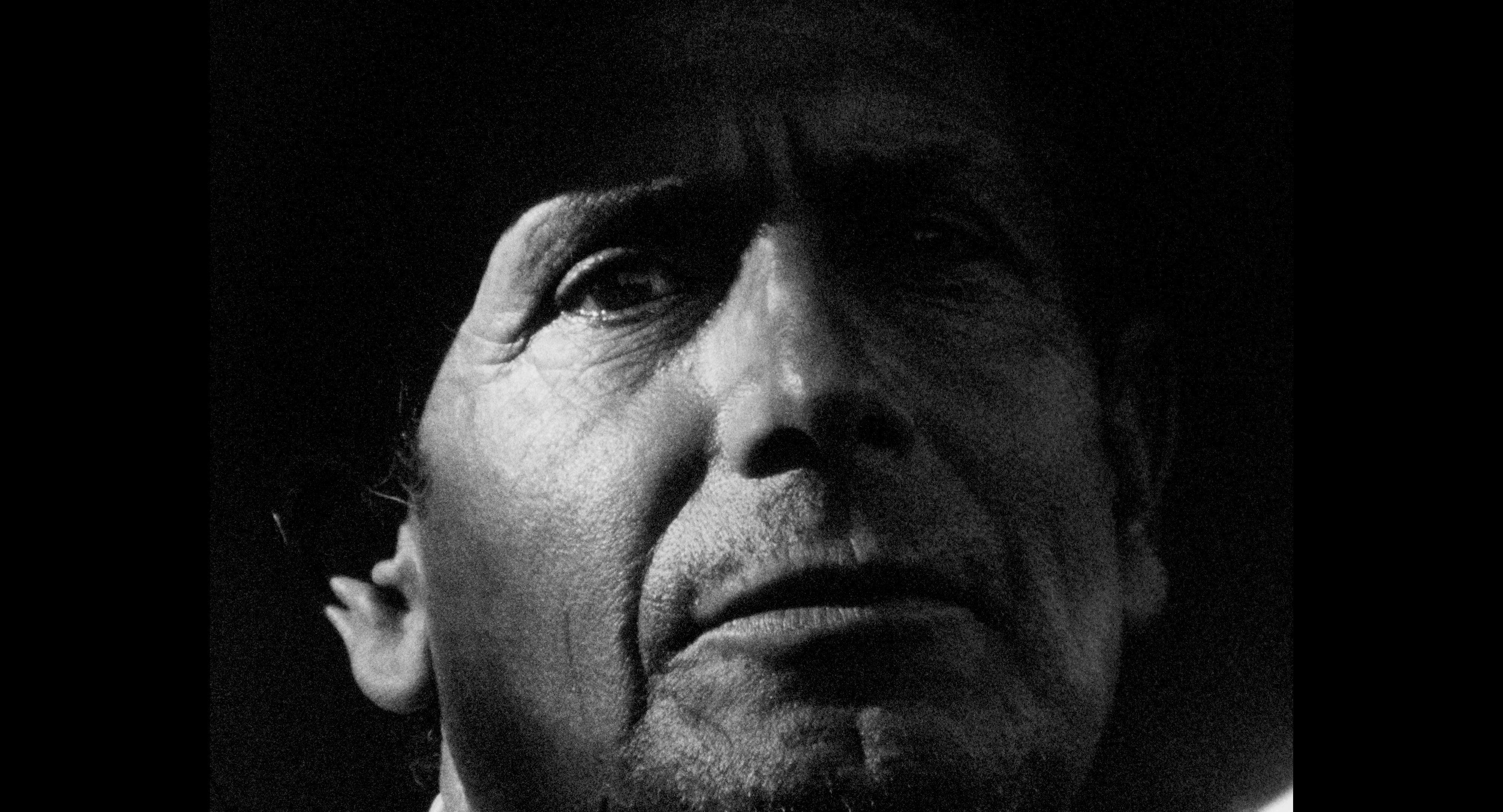 A black and white image of a shepherd's face against a black background