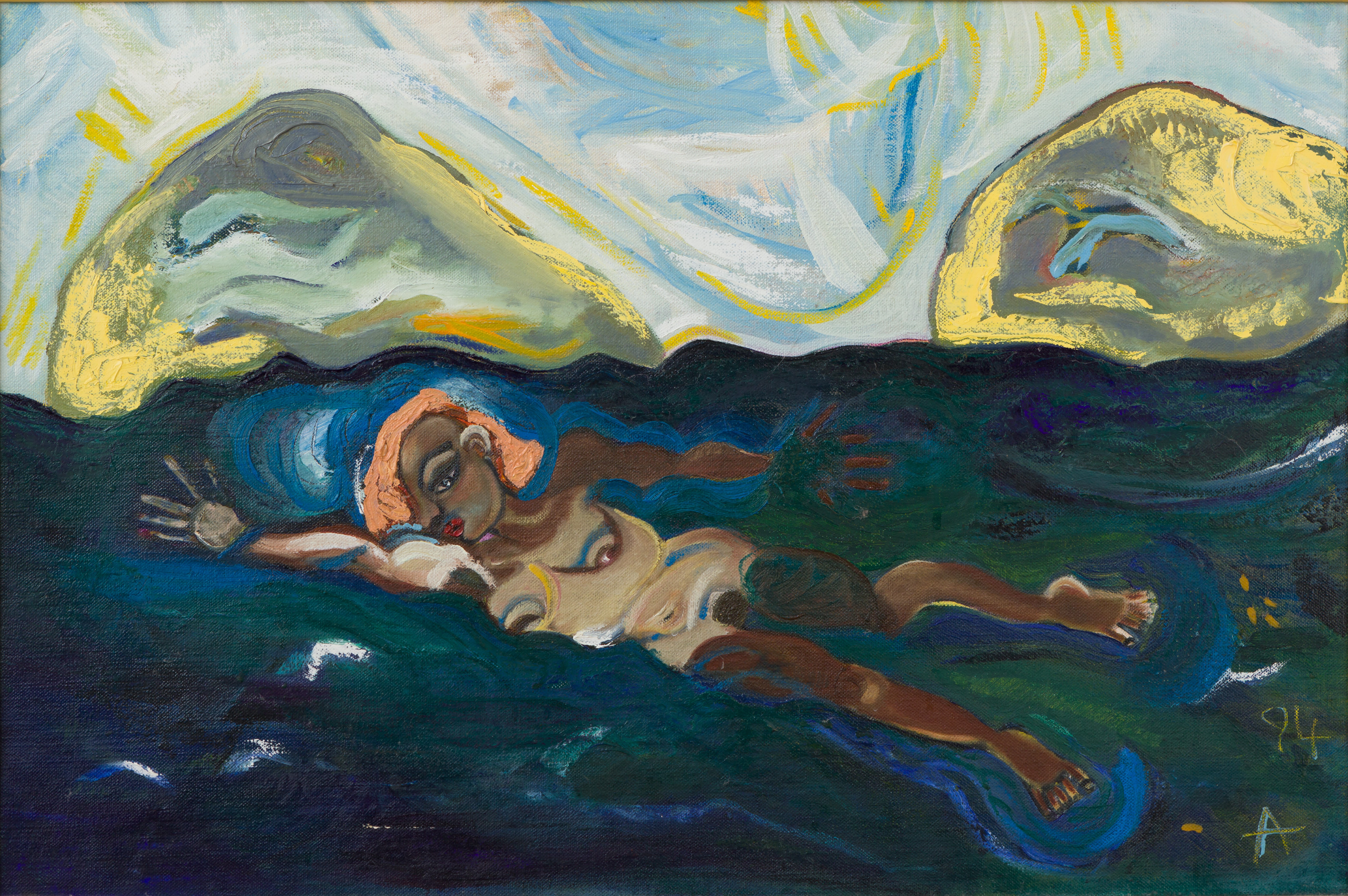 Oil Painting of woman swimming in the sea, by Peruvian artist, Alma Laura Felber