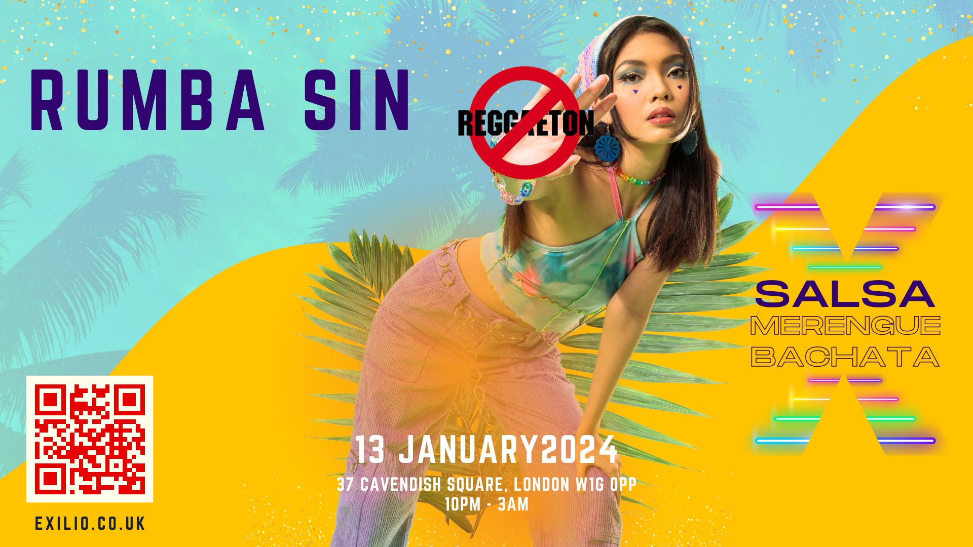 Promotional image for Rumba Sin Reggaeton event featuring a woman in vibrant Latin dance attire with the no-reggaeton symbol overlay. Text highlights the event name, dance styles featured such as salsa, merengue, bachata, and event details including the date, location, and time.