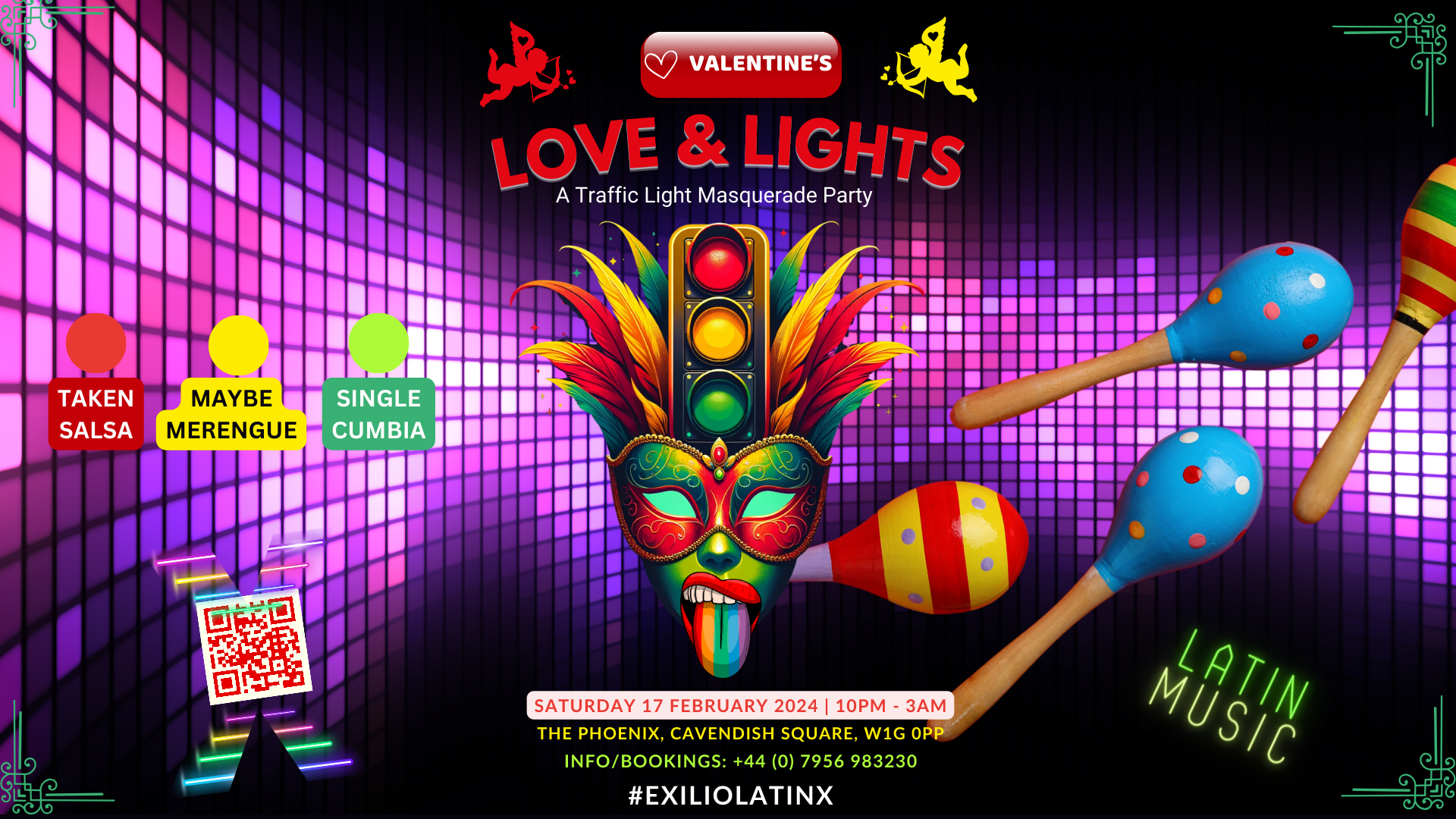 This vibrant flyer is designed for a Valentine's Day event titled "Love & Lights," a Traffic Light Masquerade Party. The background features a purple grid pattern with a neon aesthetic, reminiscent of a disco dance floor. Dominating the center is a colorful Venetian masquerade mask, adorned with feathers in red, yellow, and green, which align with the traffic light party theme—indicating relationship status with 'Taken' for red, 'Maybe' for yellow, and 'Single' for green, each associated with different Lati
