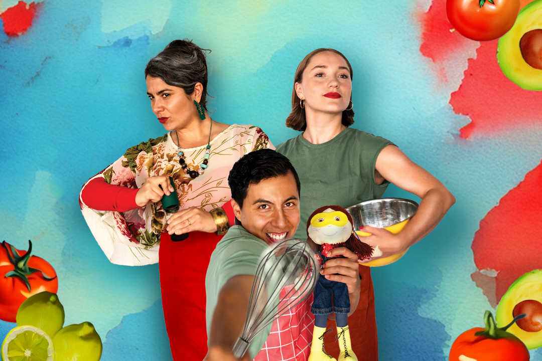 Manny, a young boy holding his toy Mighty Mujer and a whisk, his mother with. mixing bowl, and his abuela with a pepper shaker