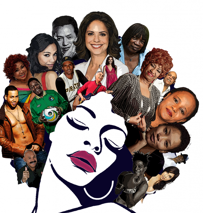 Different Afro-Latino icons are shown within the outline of a woman's hair