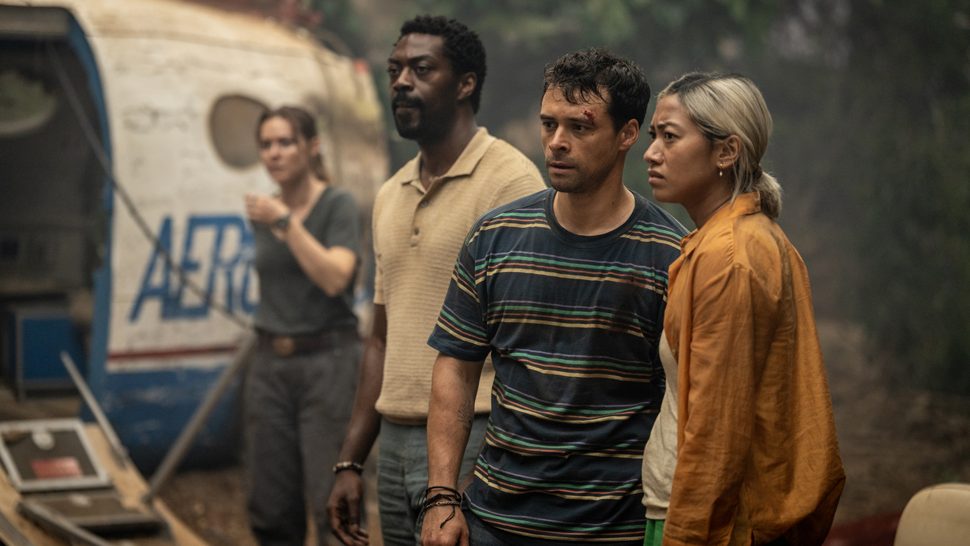 Lydia Wilson as Sonja. David Ajala as Zack, Adam Long as Dan, and Jan Lee as Amys