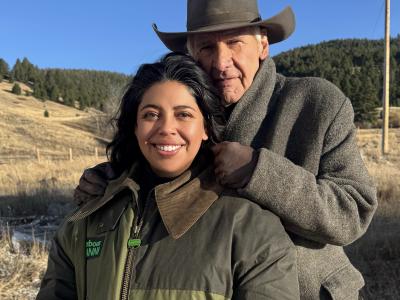 Gaby Acosta with Harrison Ford on 1923 set.