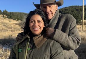 Gaby Acosta with Harrison Ford on 1923 set.